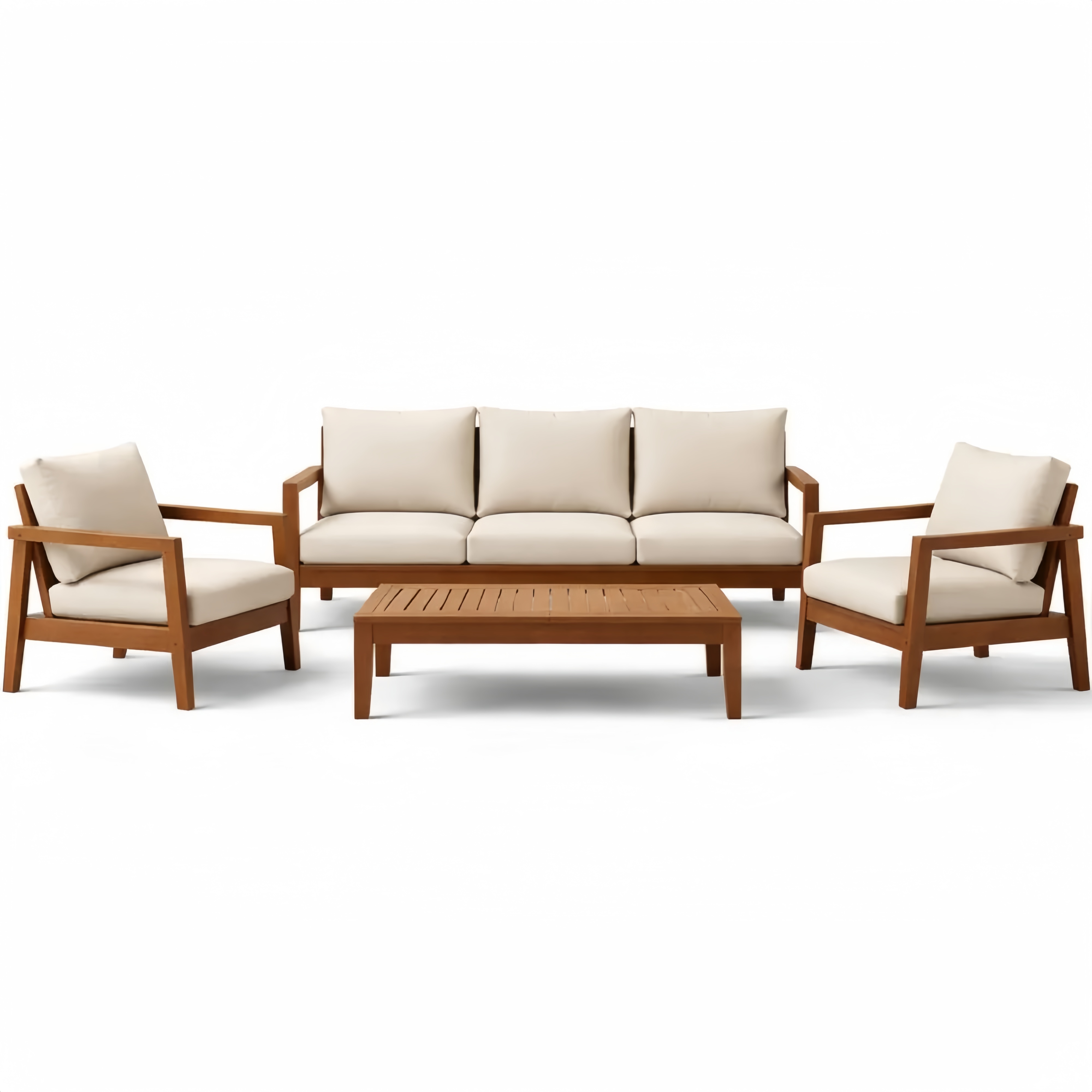 Set Divano 3 Posti e Poltrone in Legno con Cuscini, Tavolino da Caffè