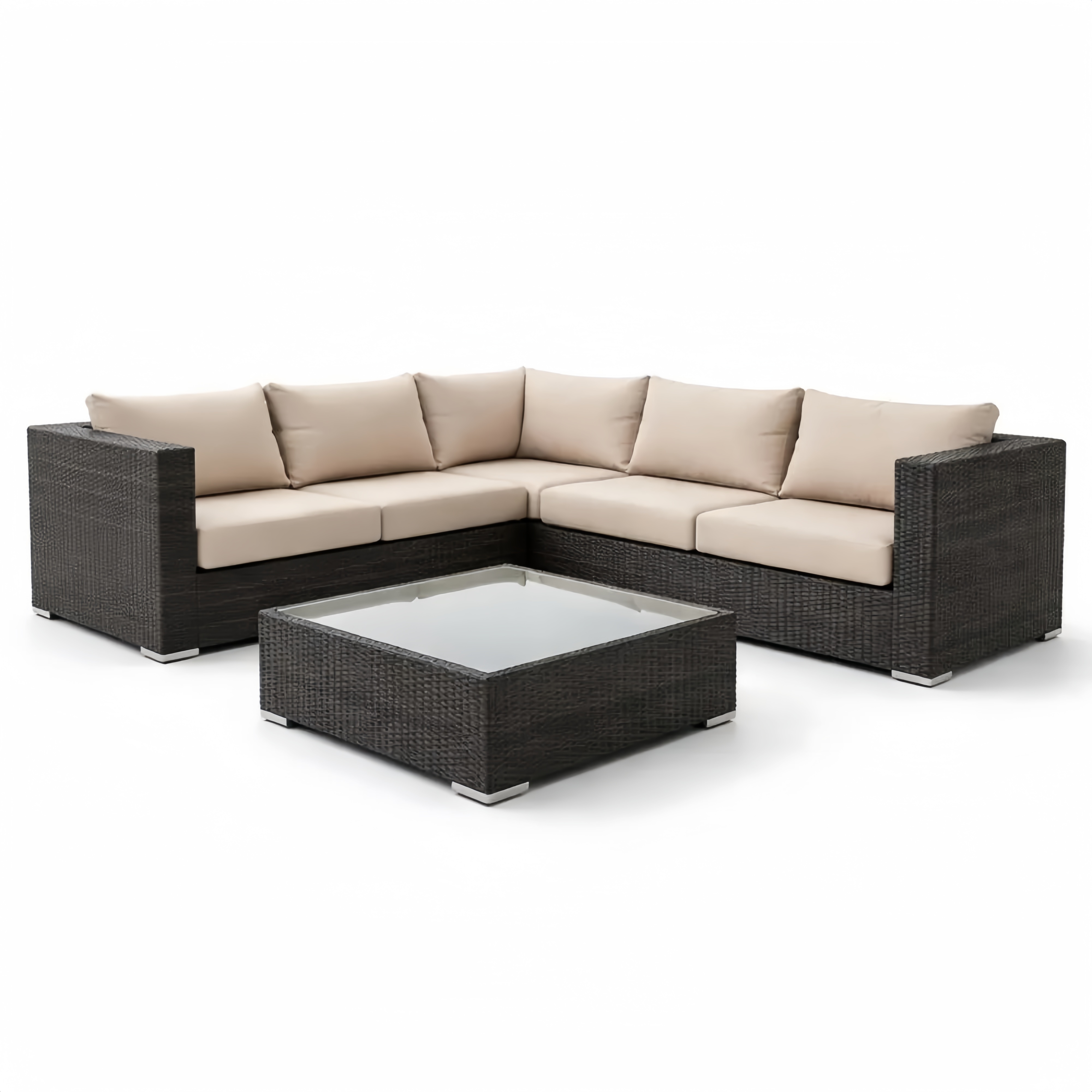 Set Divano Angolare da Giardino in Rattan con Cuscini Beige e Tavolino in Vetro
