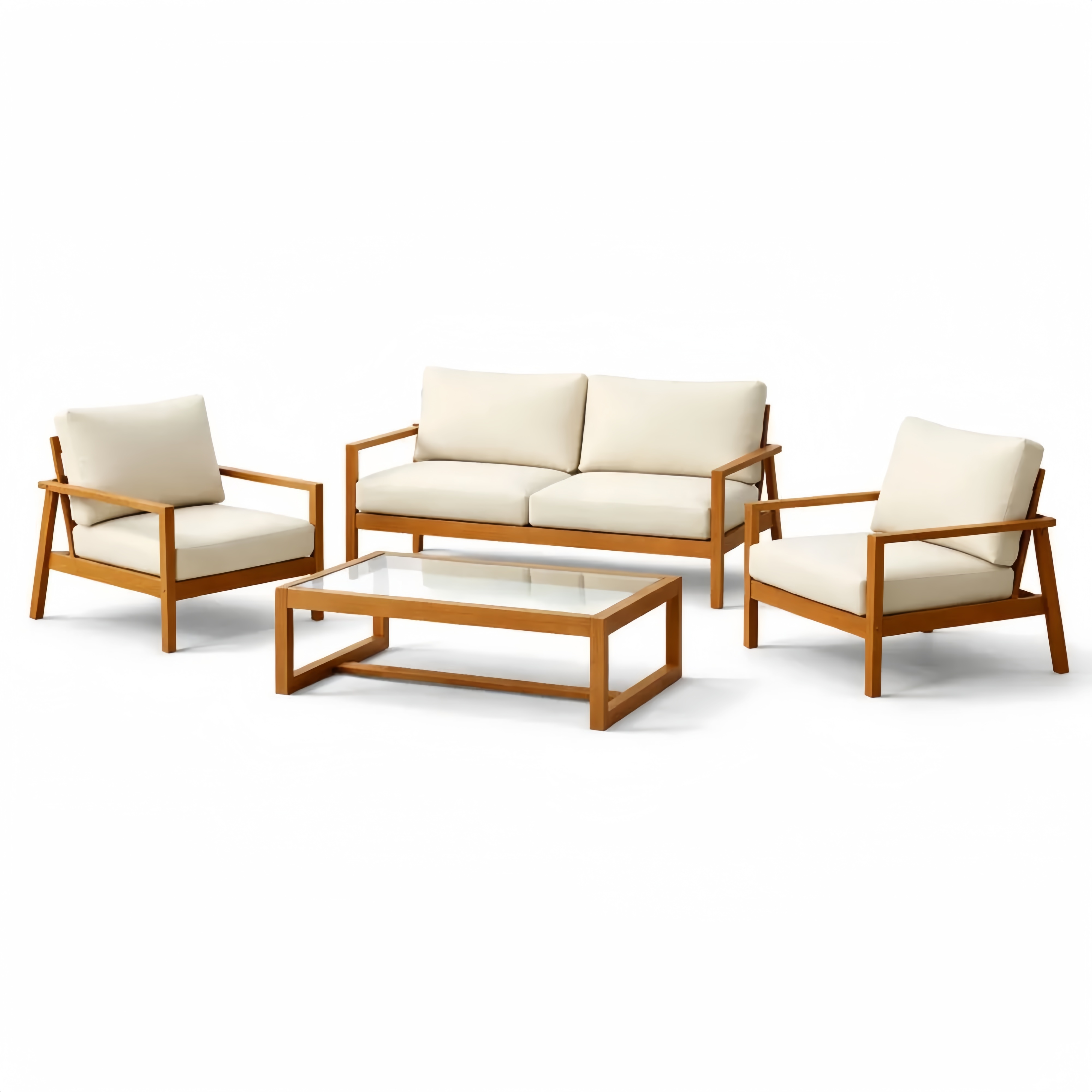 Set da Giardino 4 Pezzi con Divani in Legno e Tavolino in Vetro, Crema