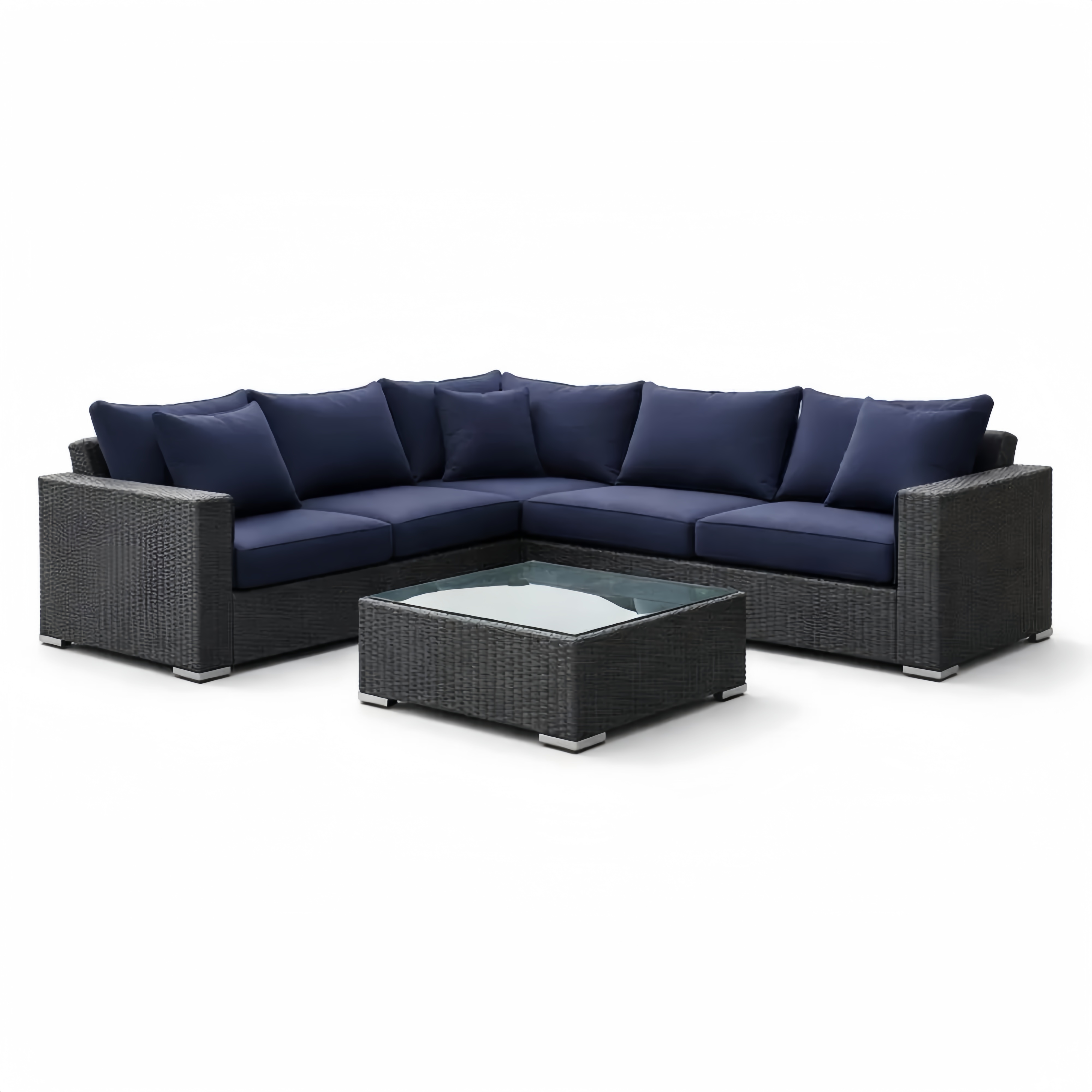 Set Divano Angolare in Rattan Sintetico Nero con Cuscini Blu e Tavolino in Vetro Temperato