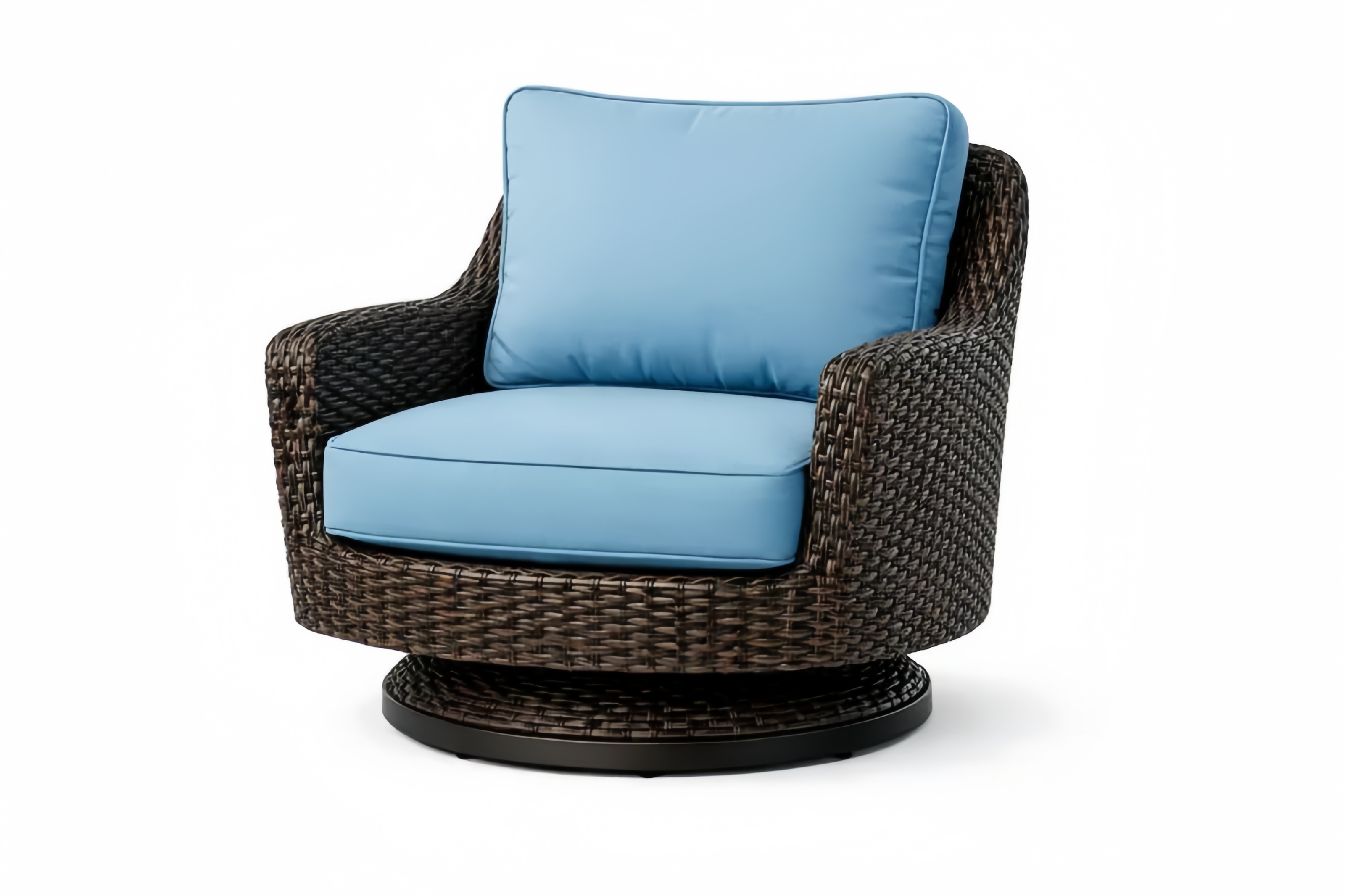 Poltrona Girevole in Rattan Sintetico con Cuscini in Poliestere Azzurri