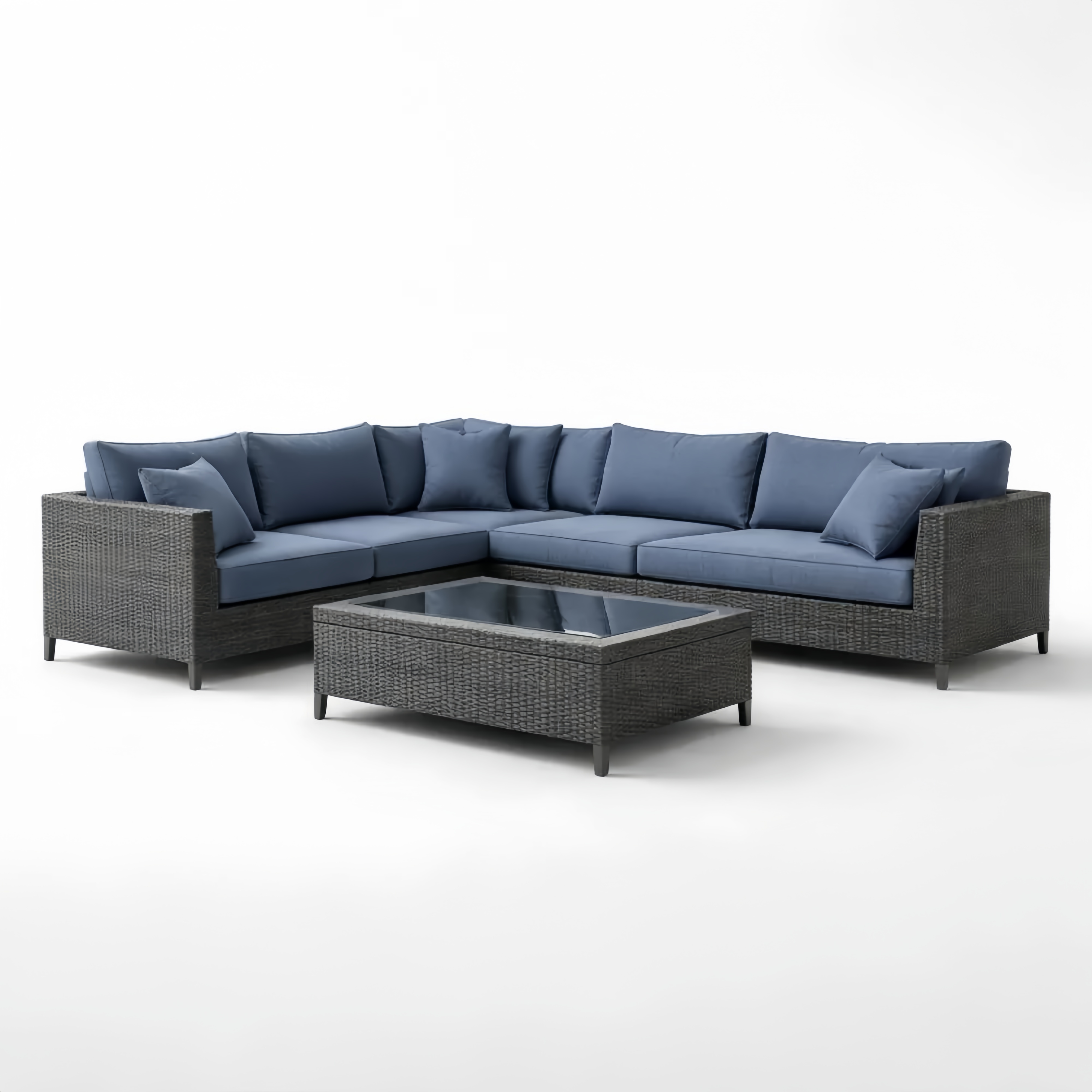 Set divano angolare con tavolino in rattan sintetico Blu/Grigio