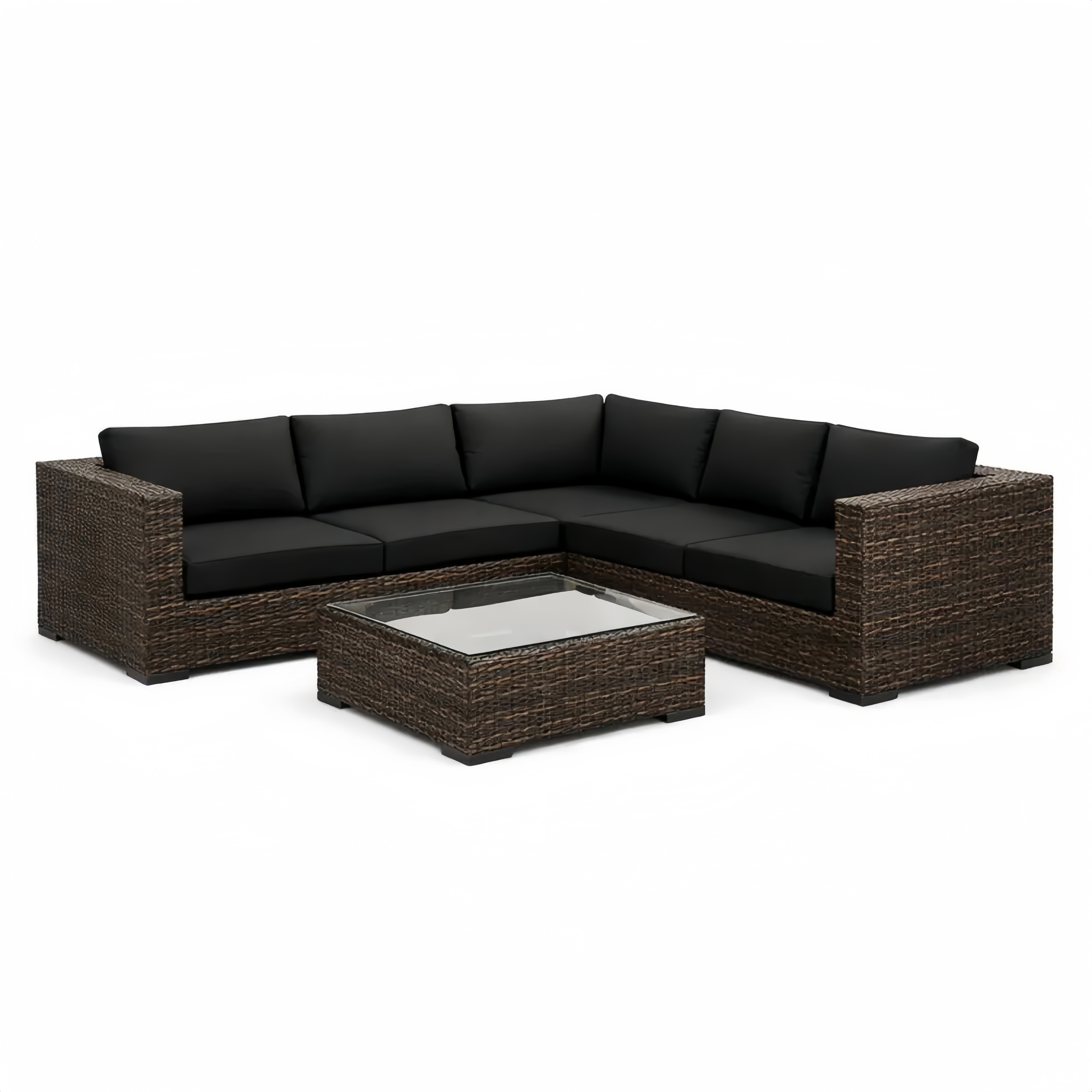 Set Divano Angolare da Giardino in Rattan Nero e Marrone con Tavolino in Vetro