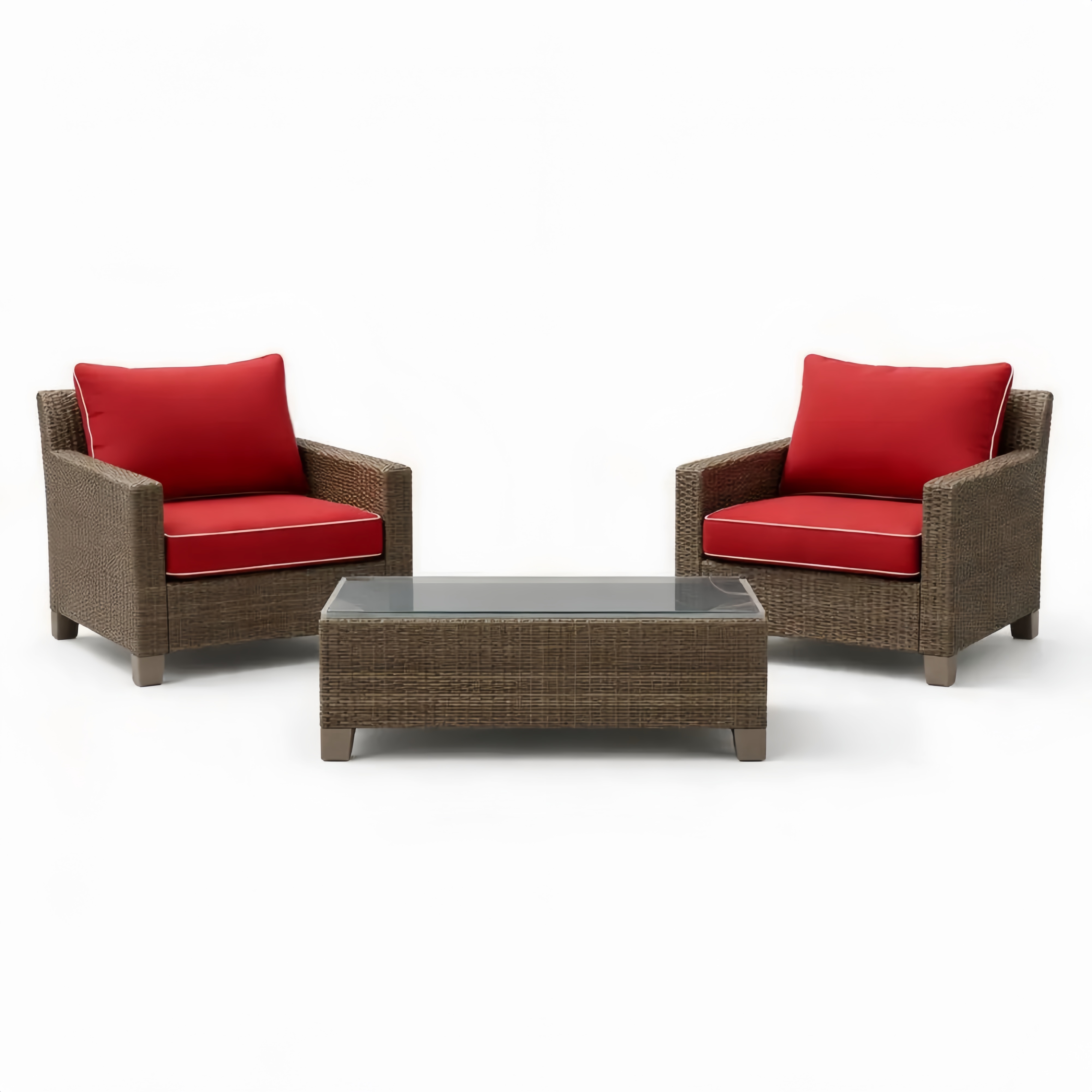 Set salotto da esterno in rattan sintetico con cuscini rossi e tavolino in vetro