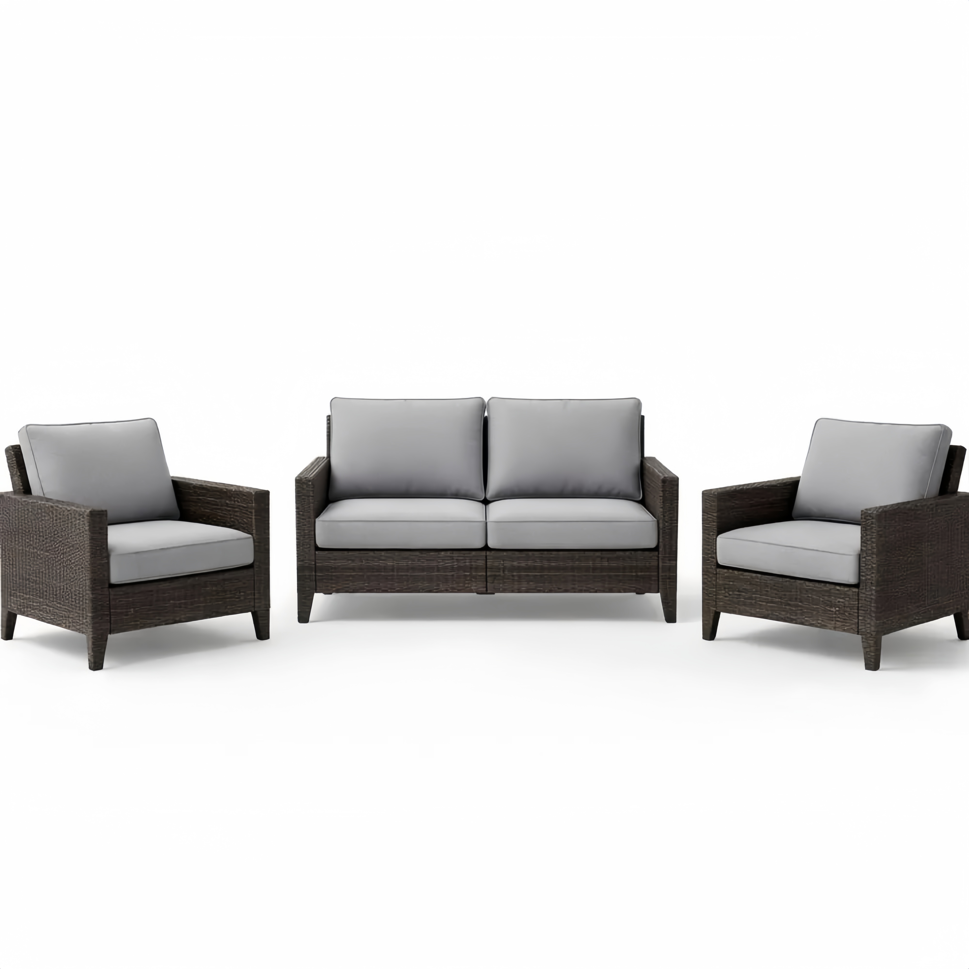 Set divano da esterno 3 pezzi in rattan con cuscini grigi