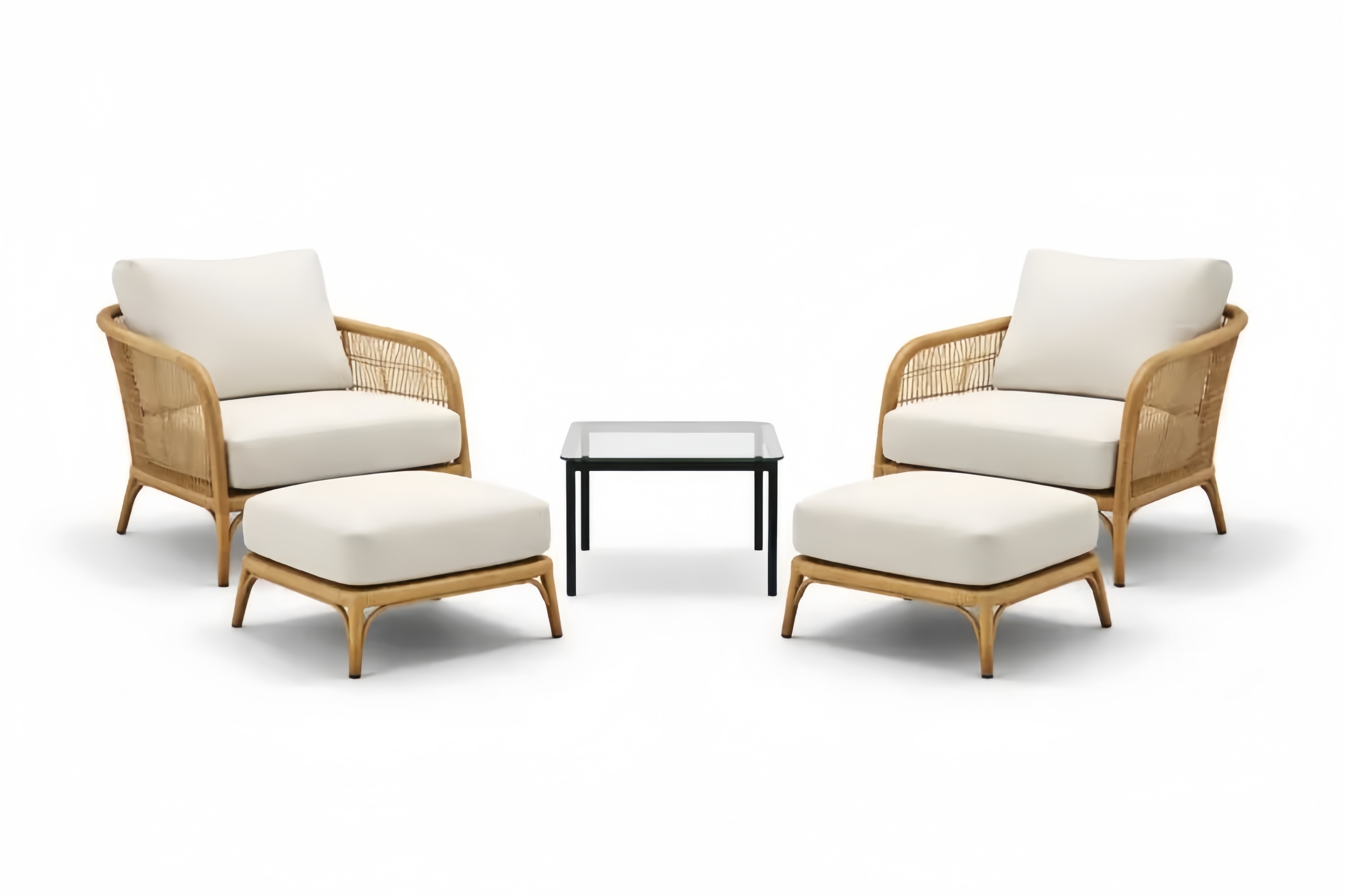 Set salotto esterno in rattan con cuscini in poliestere bianco e tavolino in vetro temperato