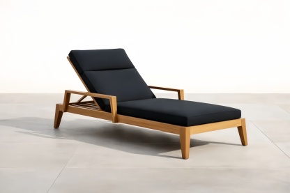 Chaise Longue da Esterno in Legno di Teak e Cuscini in Poliestere Nero