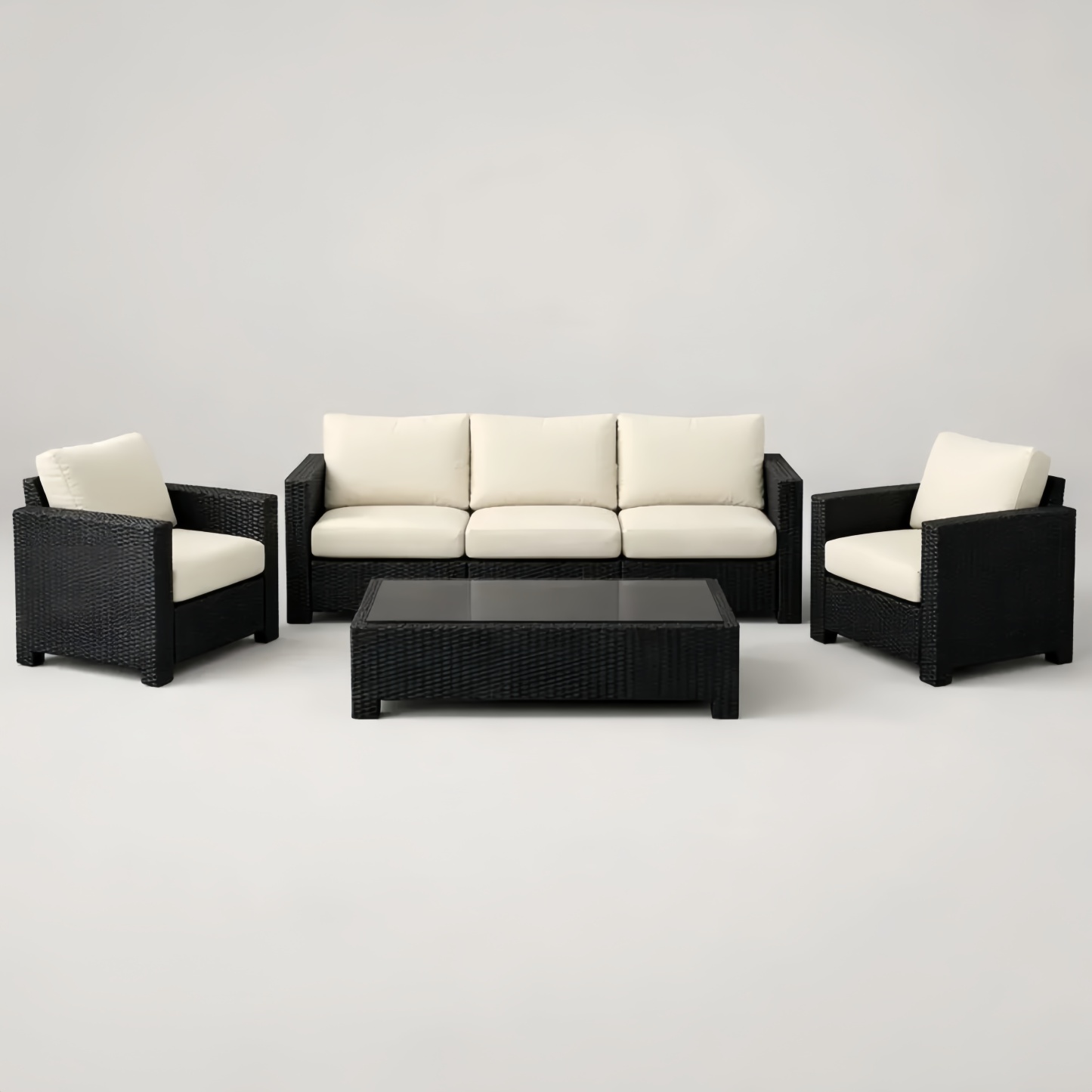 Set divano da esterno in rattan con 3 posti, 2 poltrone e tavolino rettangolare nero con cuscini crema