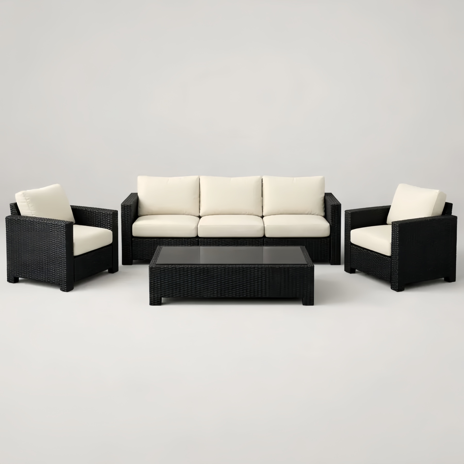 Set divano da esterno in rattan con 3 posti, 2 poltrone e tavolino rettangolare nero con cuscini crema