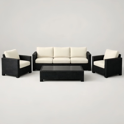 Set divano da esterno in rattan con 3 posti, 2 poltrone e tavolino rettangolare nero con cuscini crema