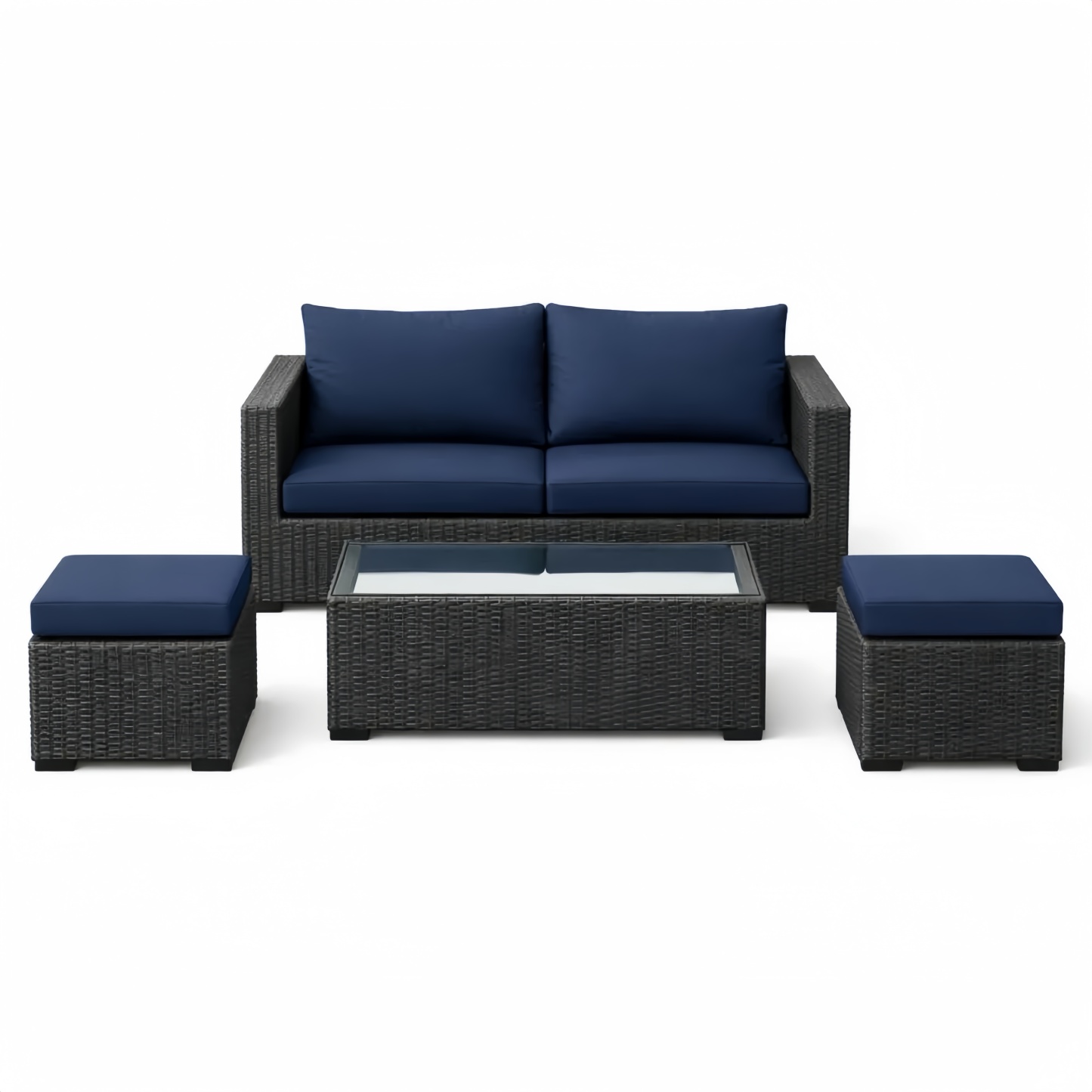 Set Divano da Giardino in Rattan con Cuscini in Poliestere e Tavolino in Vetro