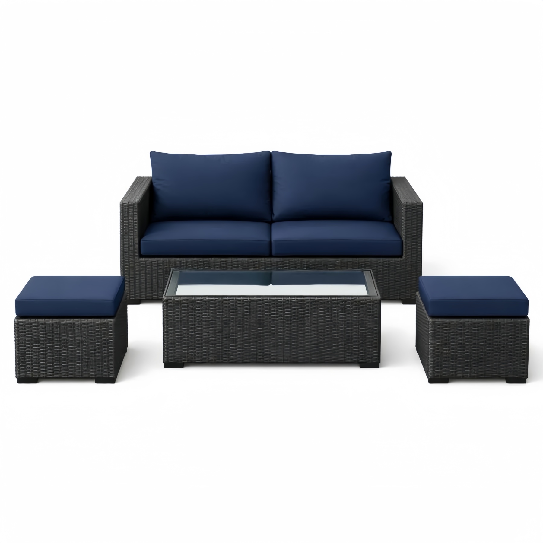 Set Divano da Giardino in Rattan con Cuscini in Poliestere e Tavolino in Vetro