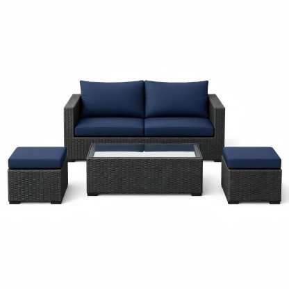 Set Divano da Giardino in Rattan con Cuscini in Poliestere e Tavolino in Vetro