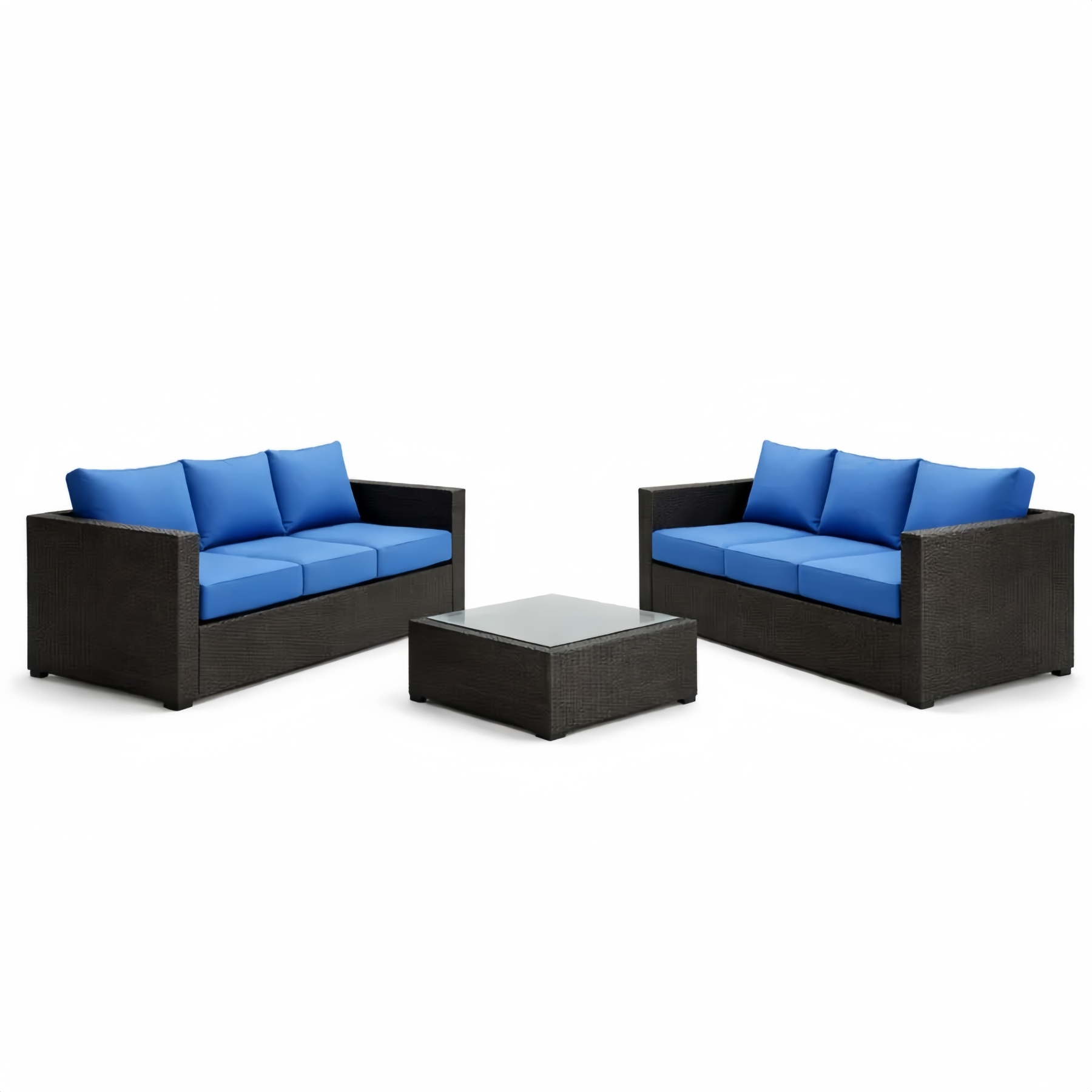 Set Divano da Giardino in Rattan con Cuscini Blu e Tavolino in Vetro Temperato