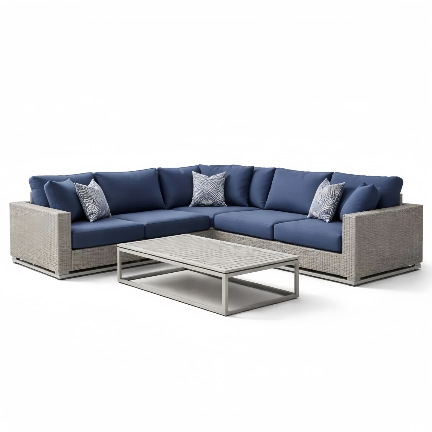 Divano ad Angolo in Rattan con Cuscini Blu e Tavolino