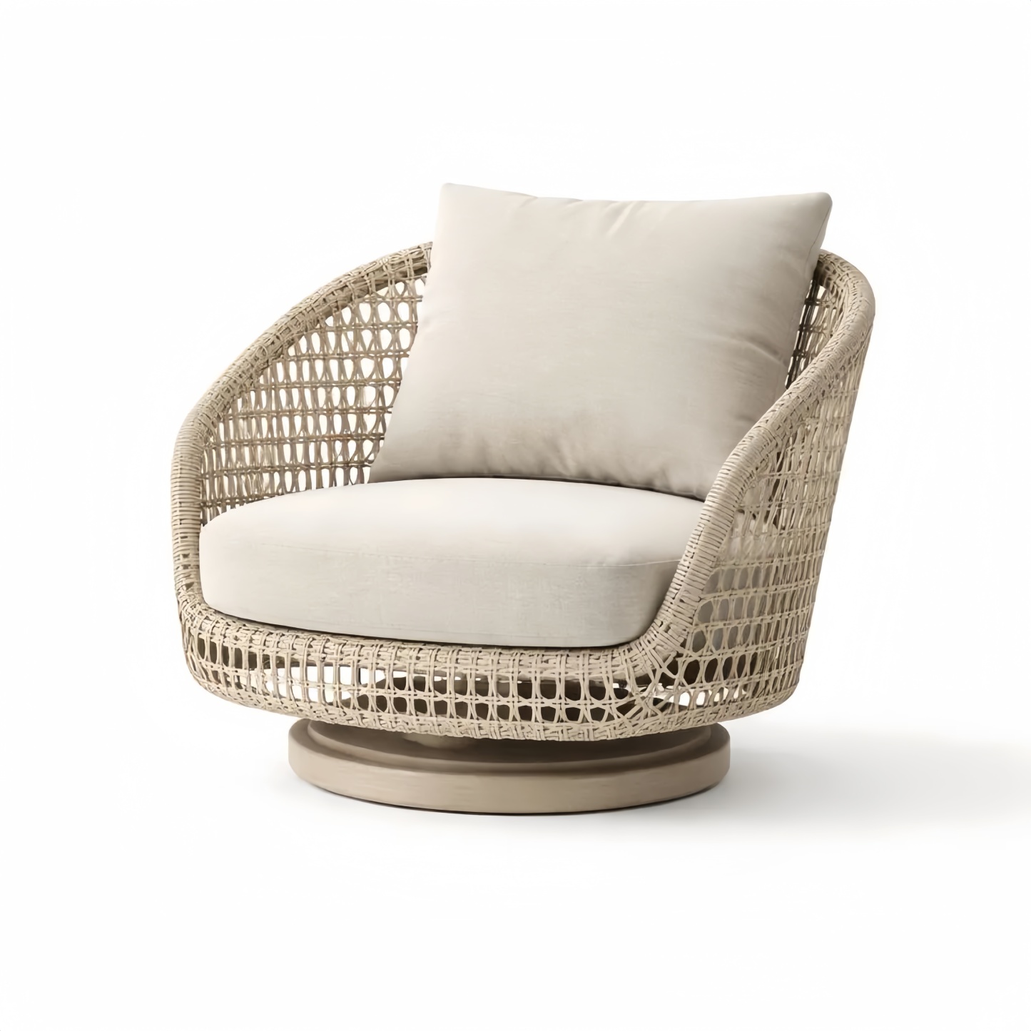 Poltrona rotonda in rattan sintetico e tessuto beige