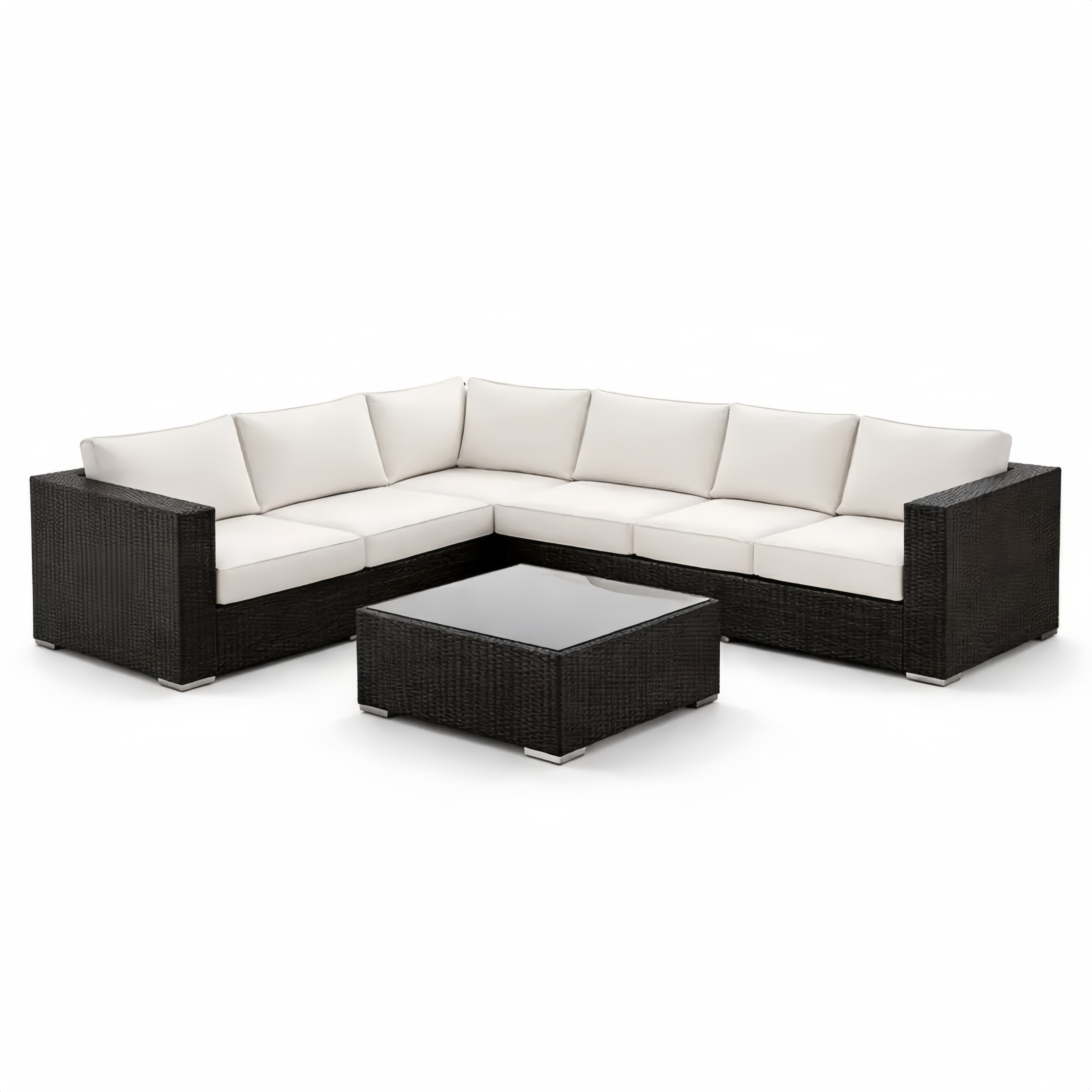 Set divano angolare in polyrattan nero e crema con tavolino vetro