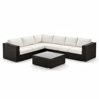 Set divano angolare in polyrattan nero e crema con tavolino vetro
