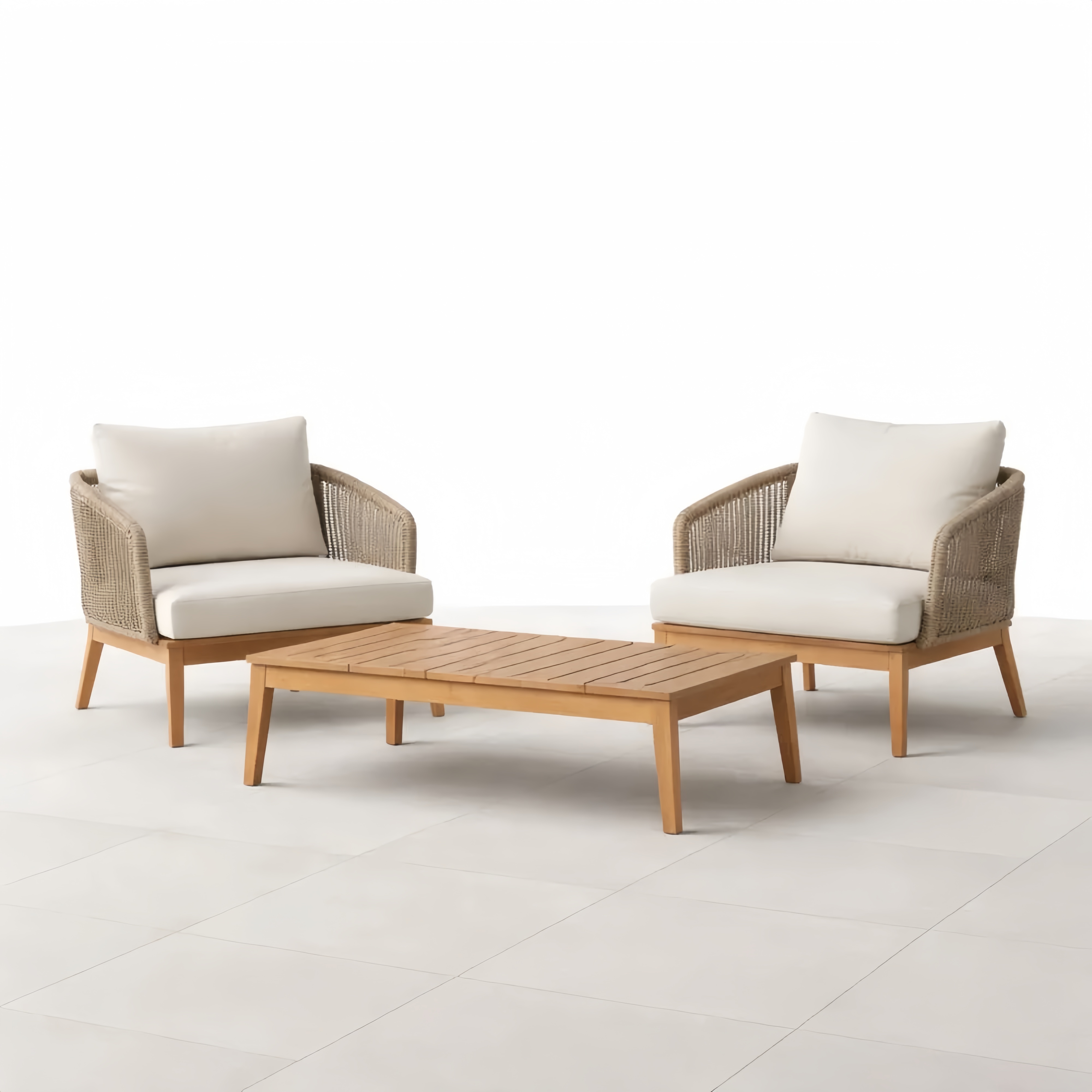 Set salotto da giardino con 2 poltrone e tavolino in legno e tessuto beige