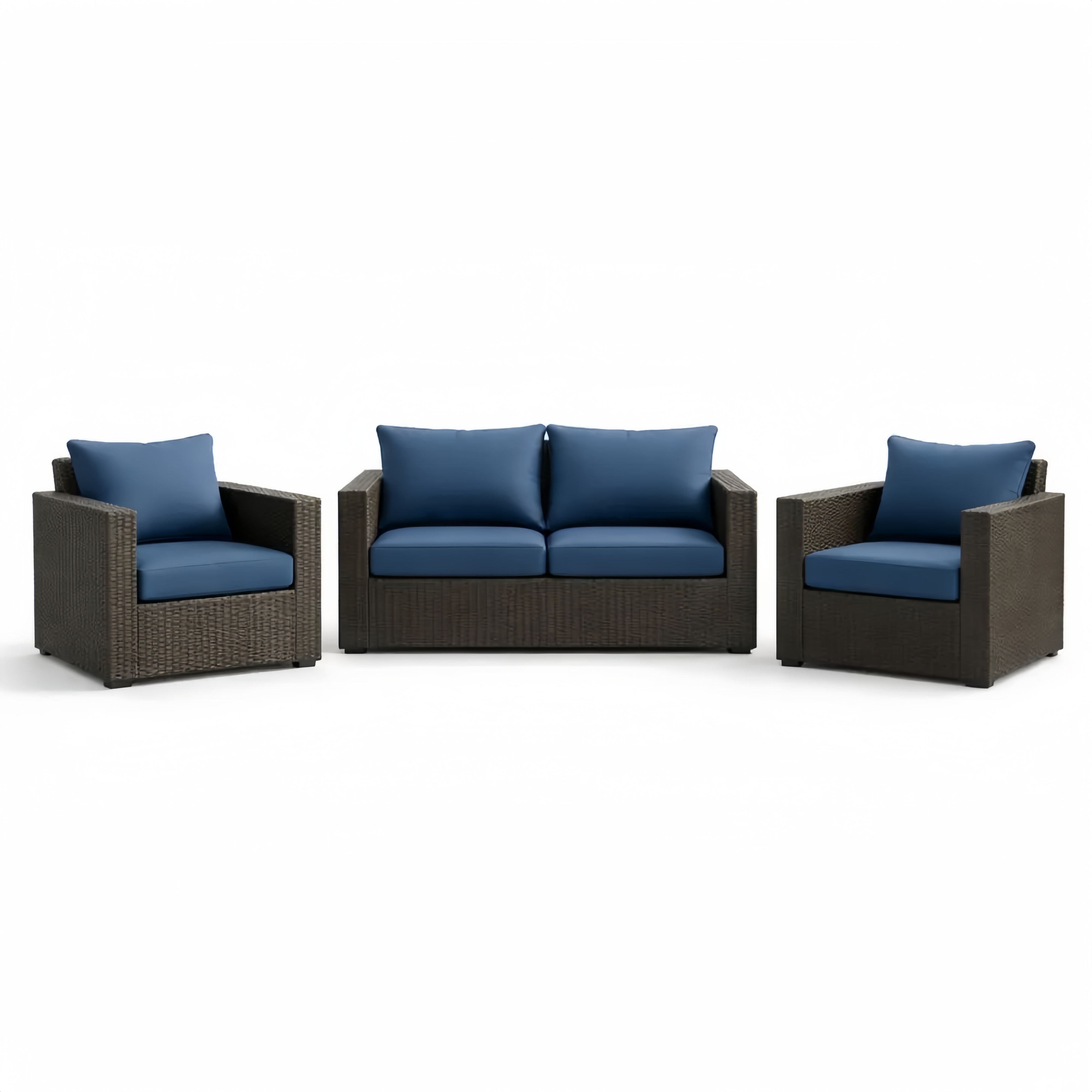 Set Divano in Rattan Sintetico con Cuscini Blu Rimovibili