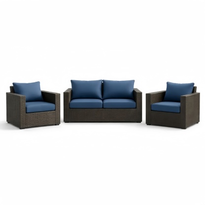 Set Divano in Rattan Sintetico con Cuscini Blu Rimovibili