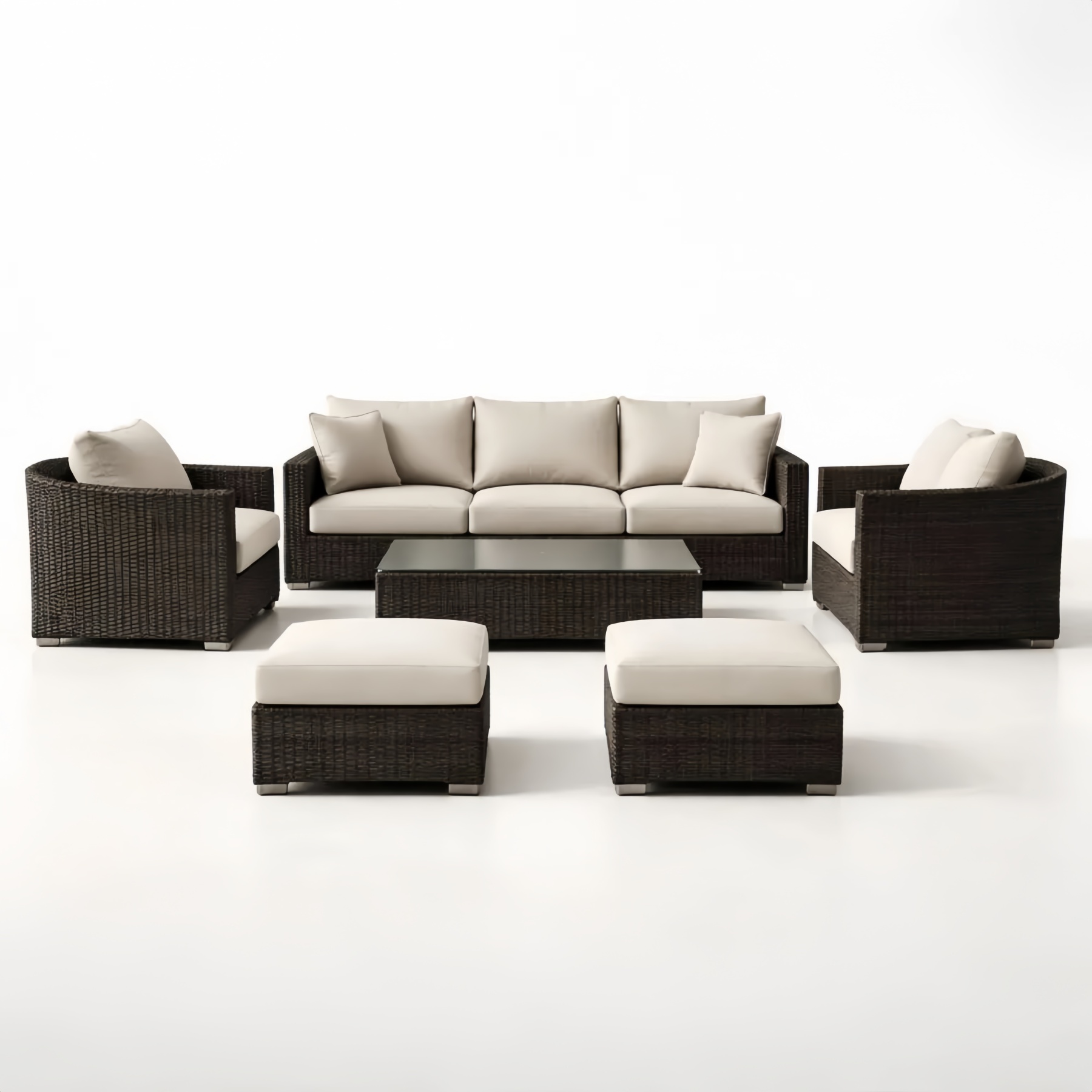 Set Salotto da Esterno in Rattan Sintetico con Divano, Poltrone e Tavolino in Vetro Temperato, Cuscini in Poliestere