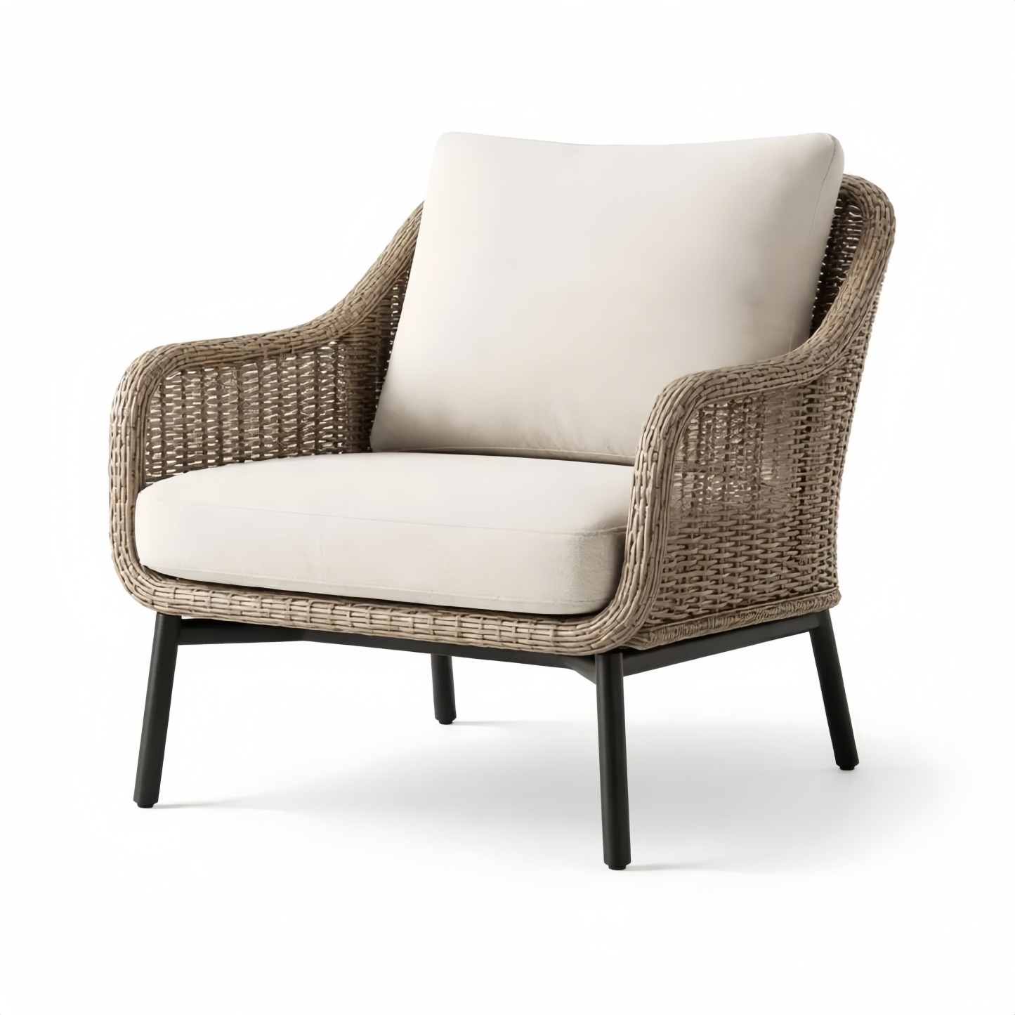 Poltrona in Rattan Intrecciato con Cuscini in Poliestere e Struttura in Metallo