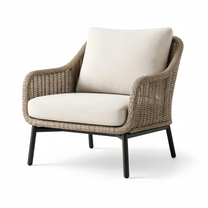 Poltrona in Rattan Intrecciato con Cuscini in Poliestere e Struttura in Metallo