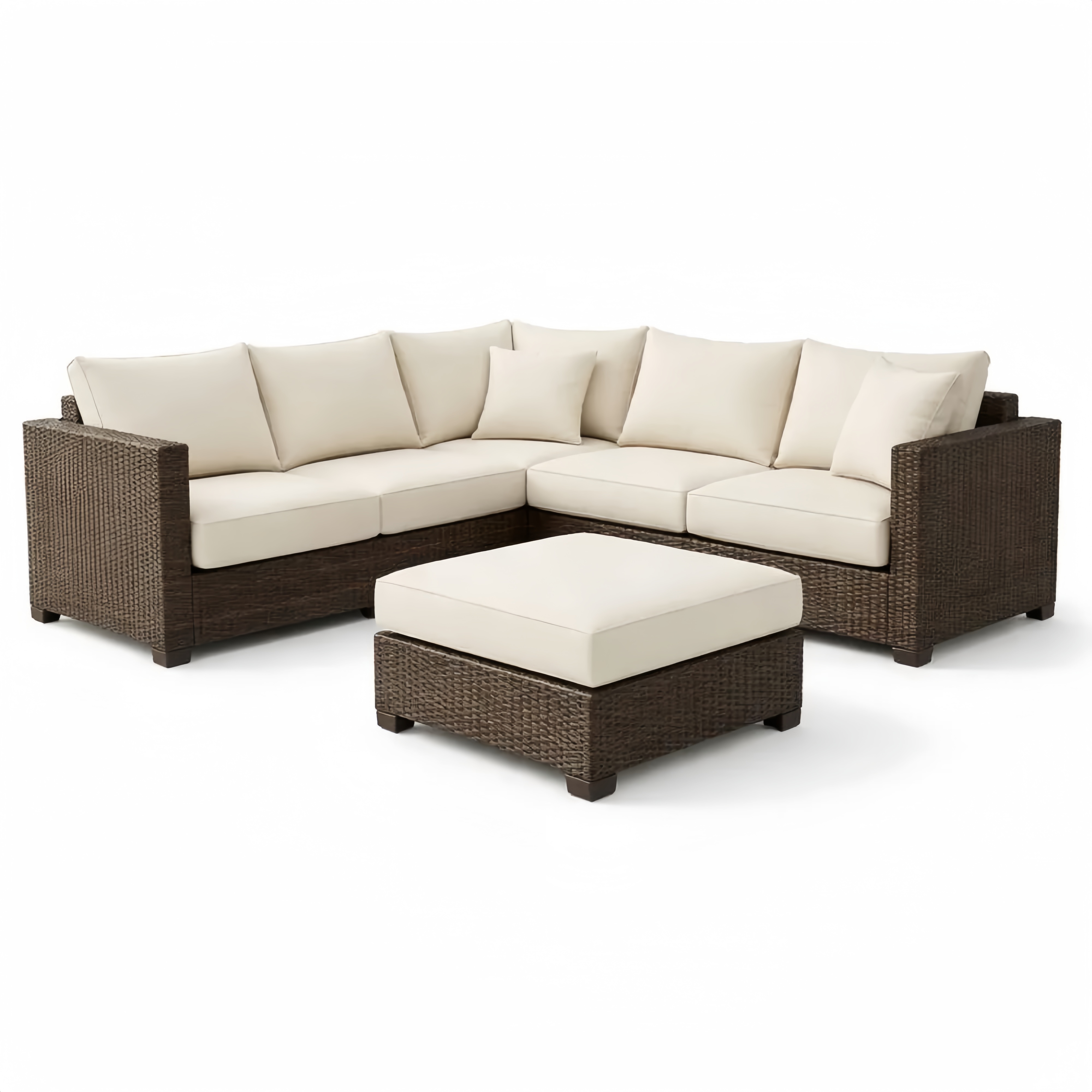 Divano angolare in rattan sintetico con cuscini crema