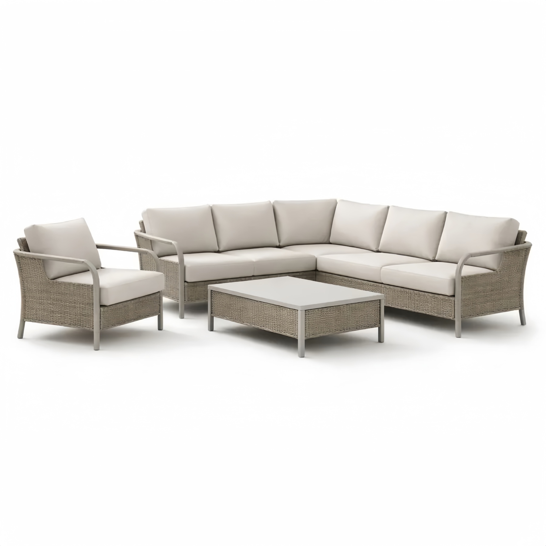 Set Divano Angolare in Rattan con Tavolino e Poltrona Cuscini Beige