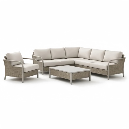 Set Divano Angolare in Rattan con Tavolino e Poltrona Cuscini Beige