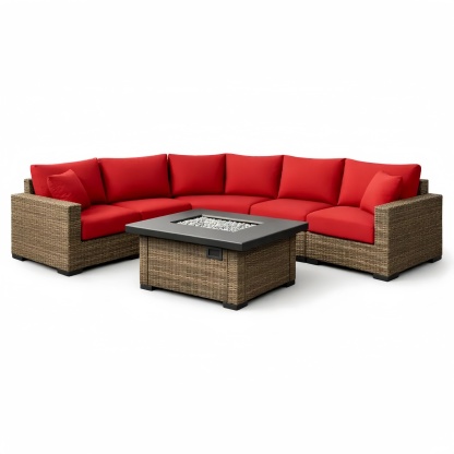 Set Divano Angolare da Giardino in Rattan con Cuscini Rossi e Tavolo con Camino Integrato