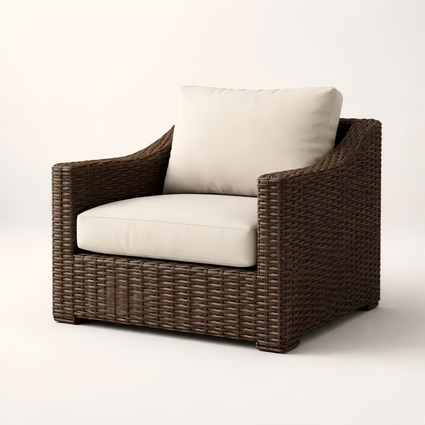 Poltrona con braccioli in vimini e cuscino in cotone, colori marrone e beige