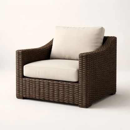 Poltrona con braccioli in vimini e cuscino in cotone, colori marrone e beige