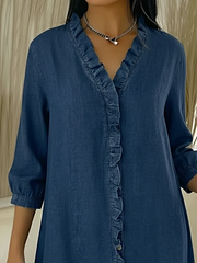 Ежедневна дънкова рокля с V-образно деколте и волани 👗