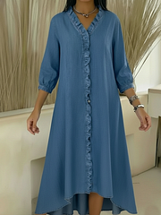 Ежедневна дънкова рокля с V-образно деколте и волани 👗