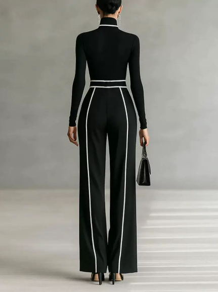 💥Комплект с топ с висока яка и дълъг ръкав с бели кантове, широки панталони и колан (еластична материя, без стягане!)