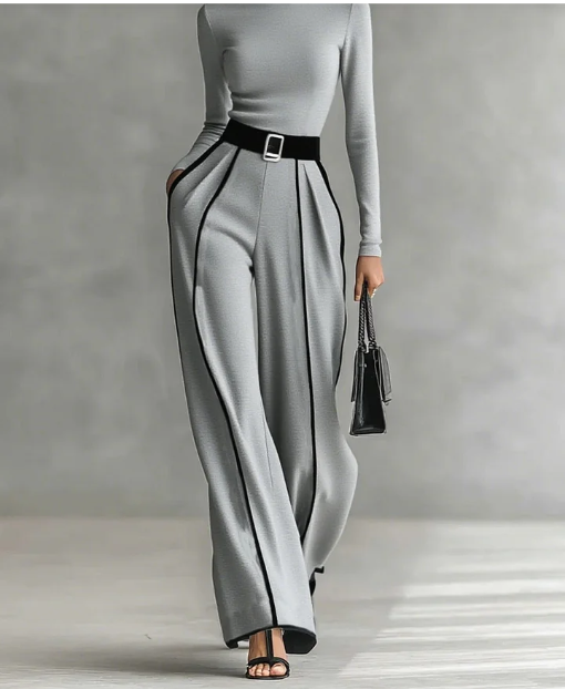 💥Комплект с топ с висока яка и дълъг ръкав с бели кантове, широки панталони и колан (еластична материя, без стягане!)