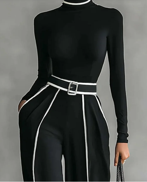 💥Комплект с топ с висока яка и дълъг ръкав с бели кантове, широки панталони и колан (еластична материя, без стягане!)