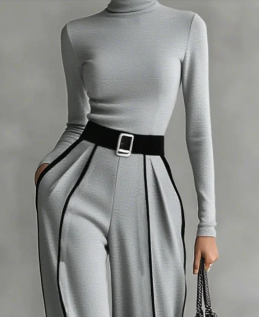 💥Комплект с топ с висока яка и дълъг ръкав с бели кантове, широки панталони и колан (еластична материя, без стягане!)