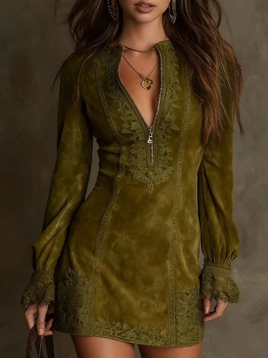 ✨ Три нюанса елегантност｜V-образна рокля с дантелена ръба и дълъг ръкав💙👗