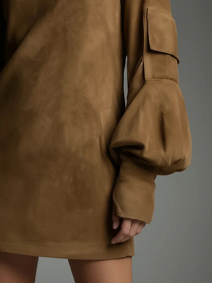 Свободна мини рокля с поло яка в ретро стил от велур