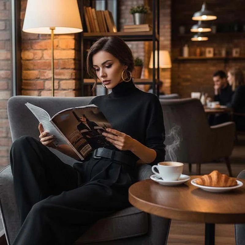 ⏳Офертата е с ограничено време⏰ Елегантен дамски комплект, включващ поло блуза и панталон с висока талия (с колан) 👚👖