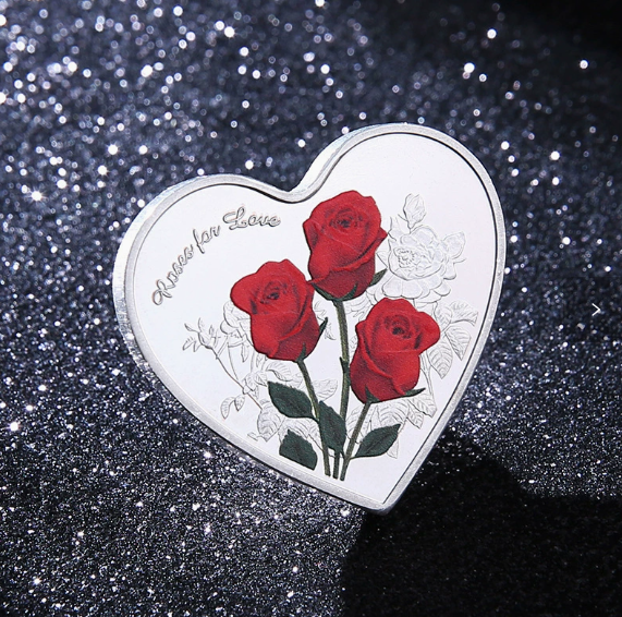 🌹Паметна метална монета със сърце и червена роза (отзад - „Обичам те“ на 52 езика)❤️