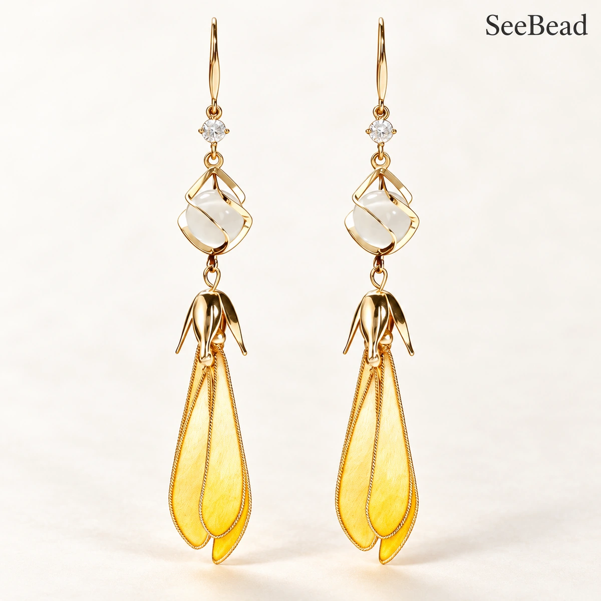 Yellow Magnolia Ronghua silk earrings, full pair