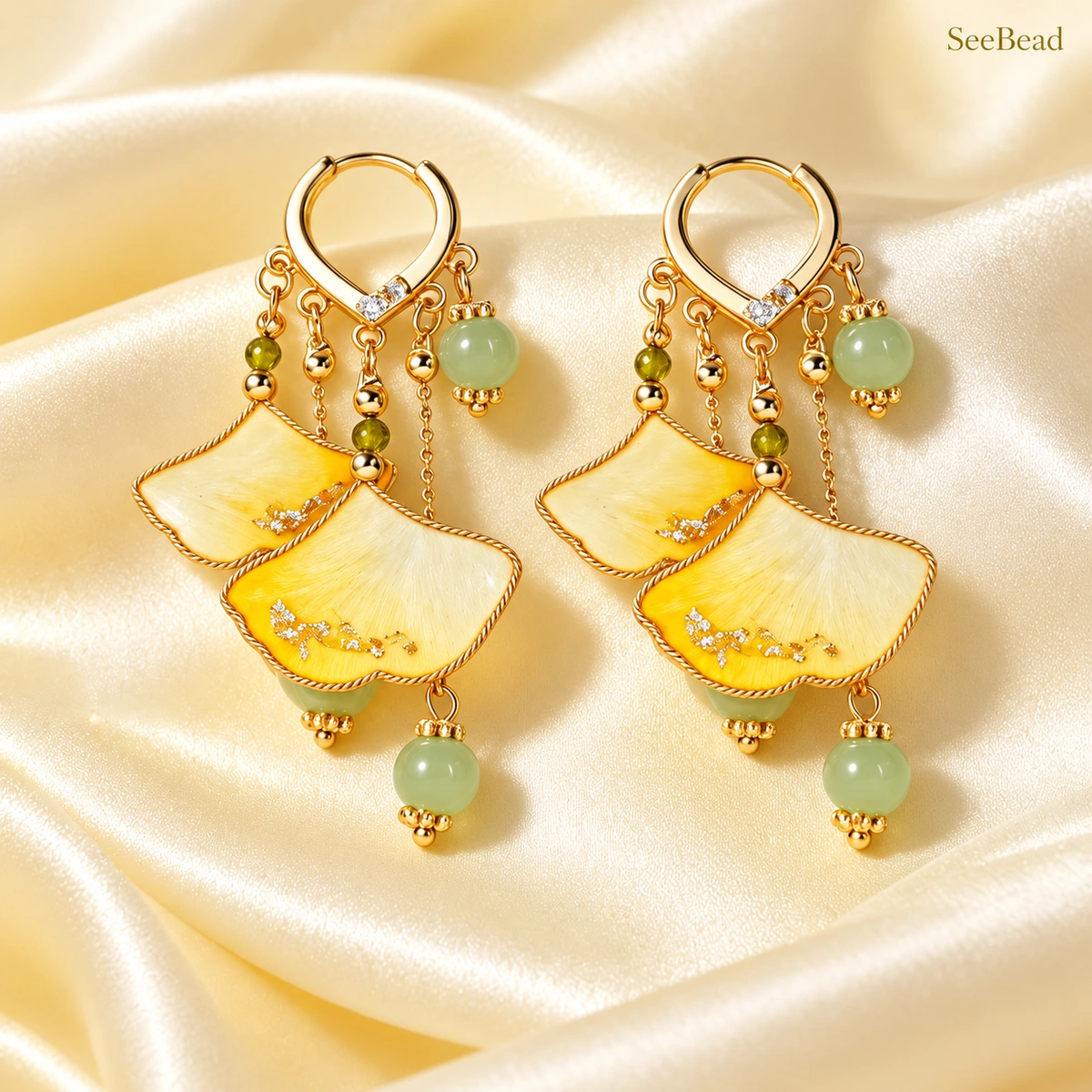 Twin Ginkgo Ronghua silk earrings, full pair