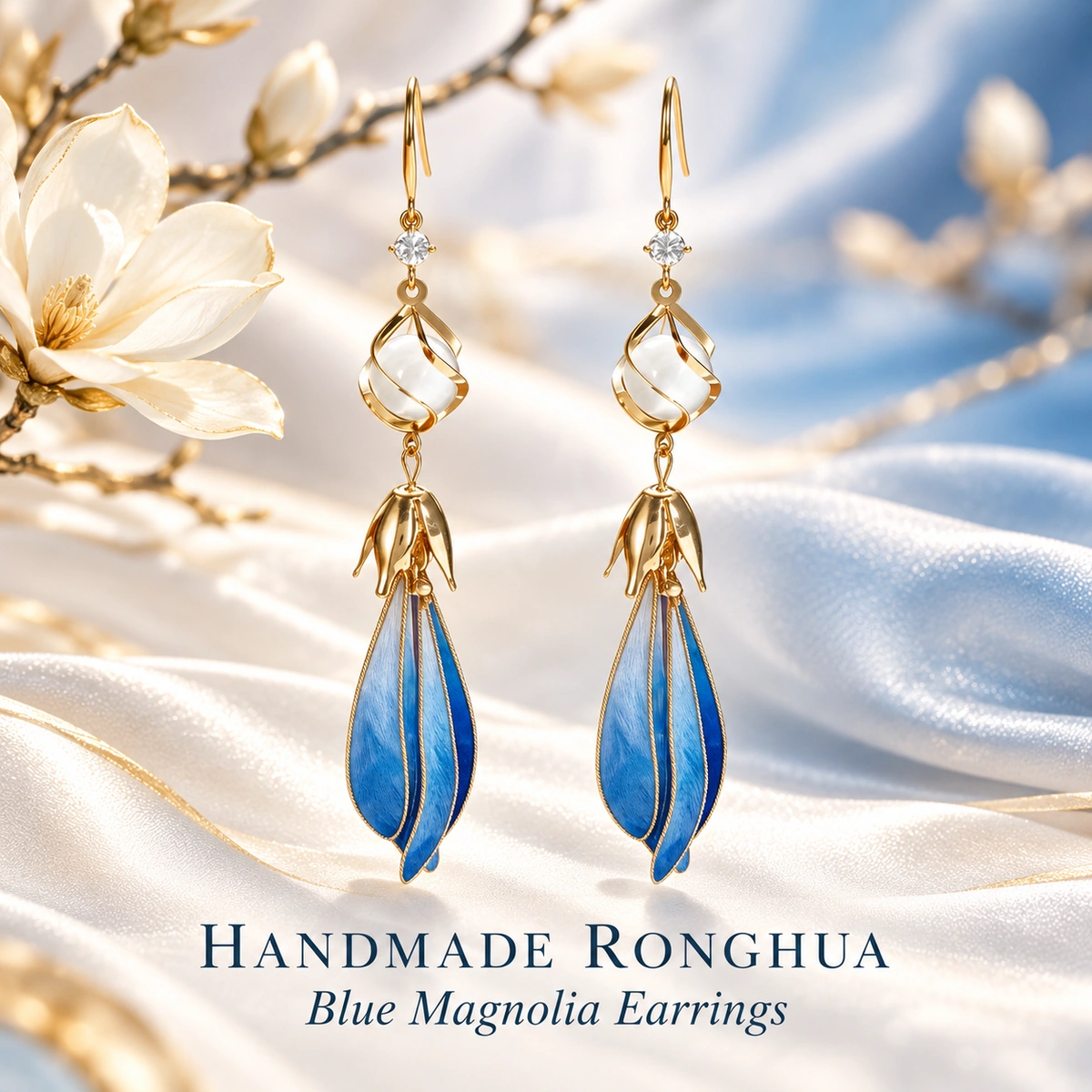 Blue Magnolia handmade Ronghua silk flower earrings
