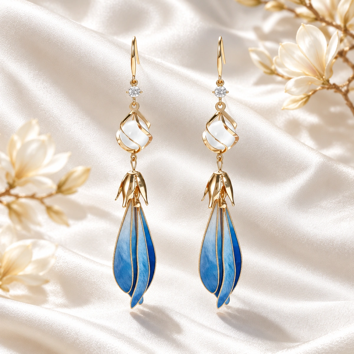 Handmade blue silk flower earrings full pair view
