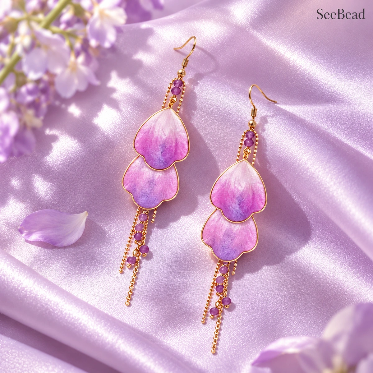 Wisteria handmade silk earrings on lavender satin