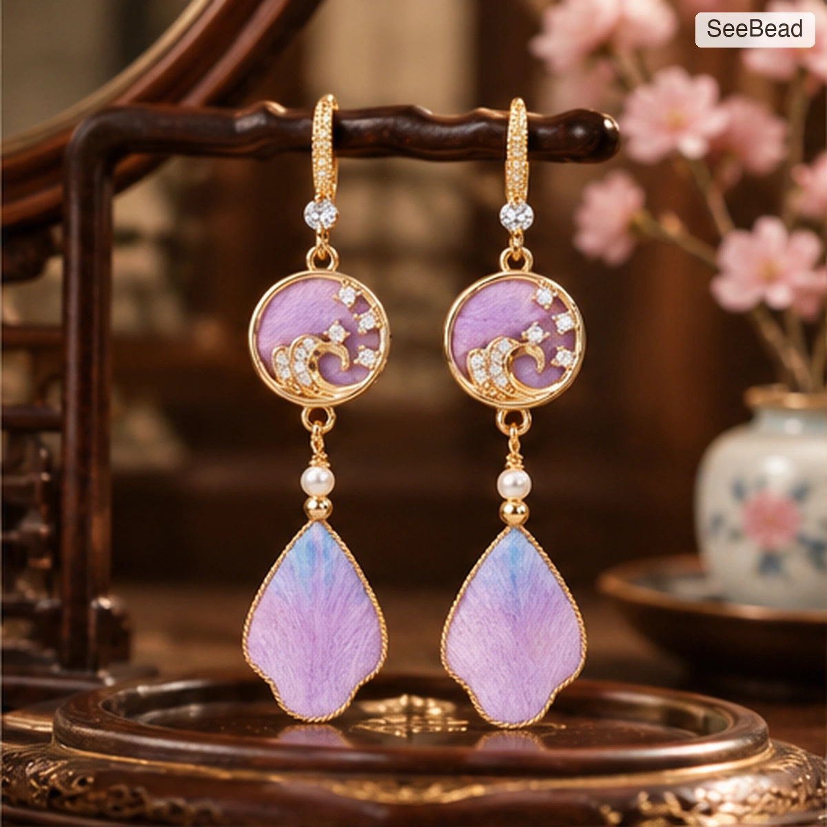 Purple Sunset Handmade Ronghua Earrings - scene
